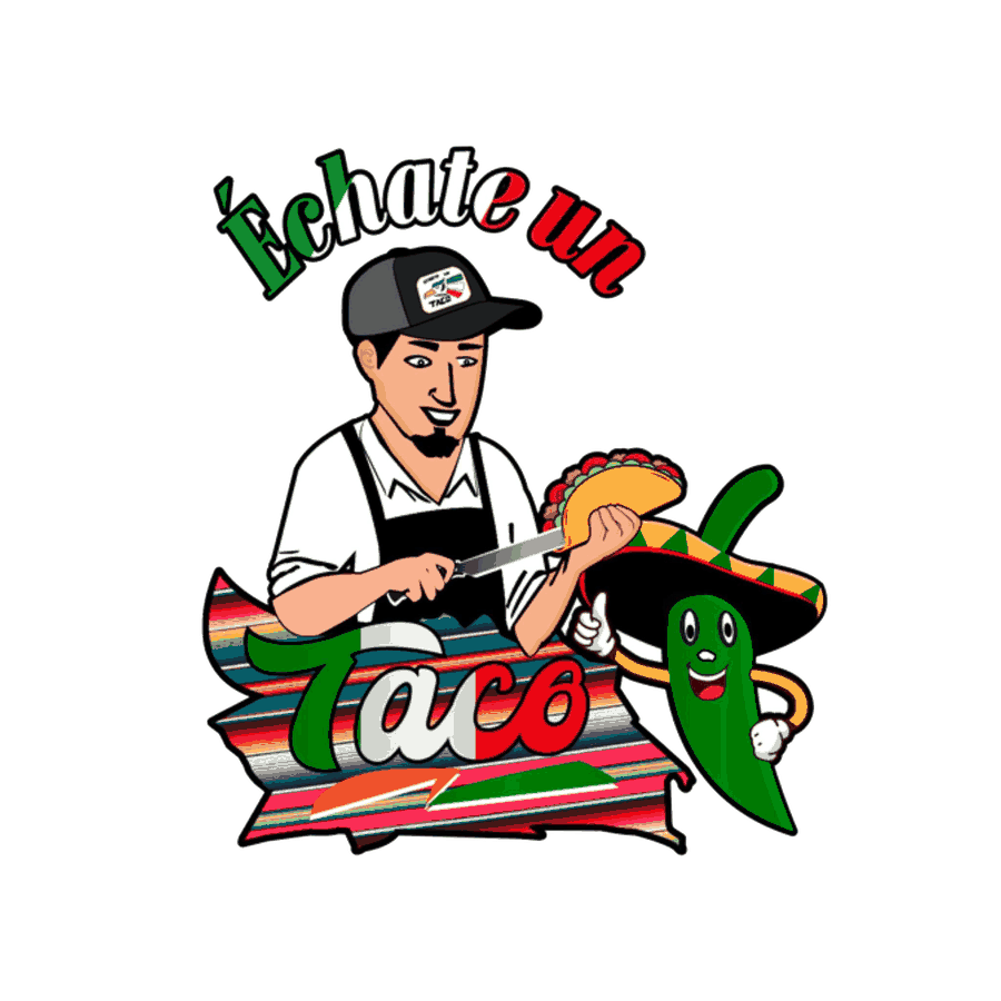 Échate un Taco logo: a taco vendor holding a taco beside a smiling jalapeño mascot in a sombrero, over a serape-striped banner.